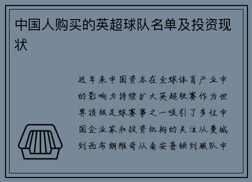 中国人购买的英超球队名单及投资现状