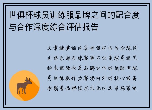 世俱杯球员训练服品牌之间的配合度与合作深度综合评估报告