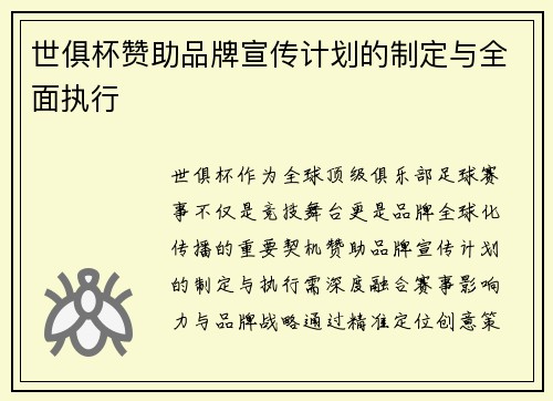 世俱杯赞助品牌宣传计划的制定与全面执行